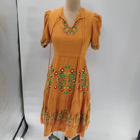 Ollari maxi Dress Yellow/Orange linen from Anthropologie Mexican pattern boho - Picture 7 of 15